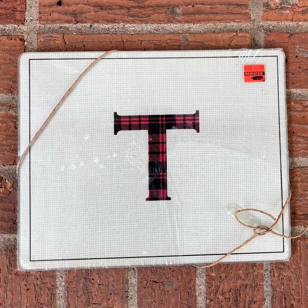 Glass Cutting Board Cheese Board Red Plaid Monogram Letter "T" Size 10” x 8”